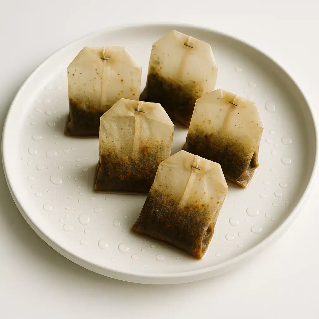 Several used tea bags cooling on a white plate with water droplets, herbal remedy concept, minimalist and clean composition, natural healthcare aesthetic