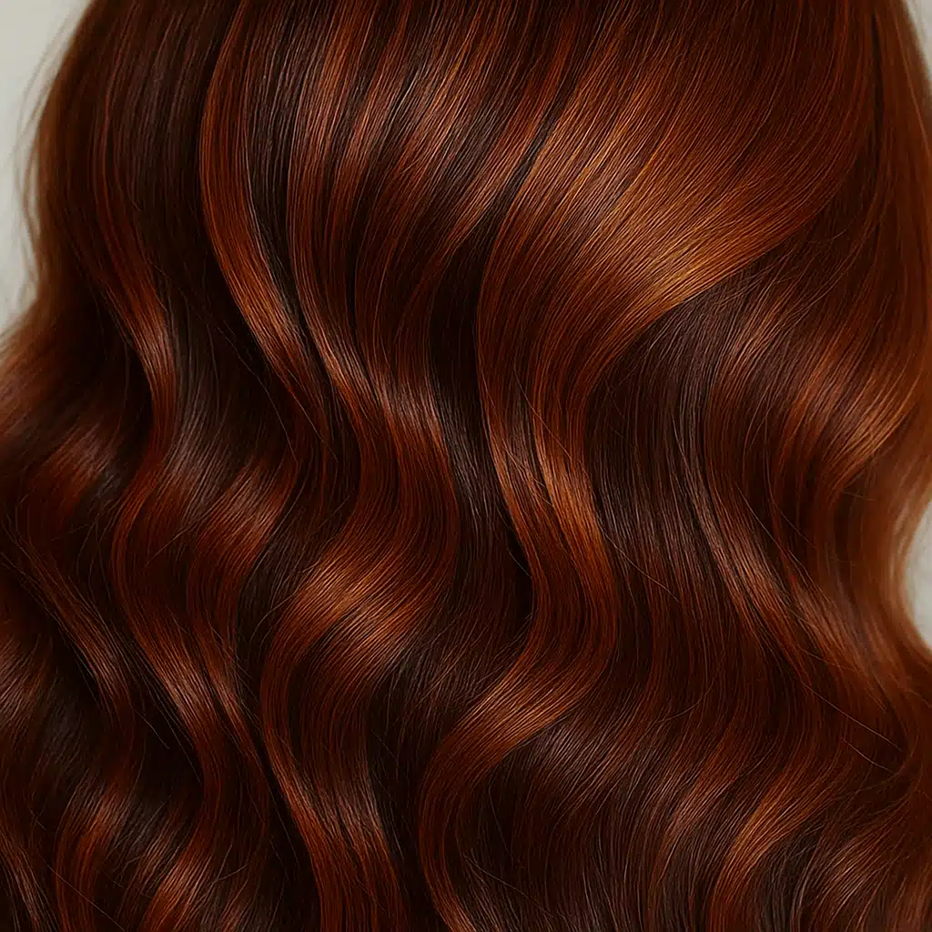 Close-up of vibrant healthy colored hair with rich tones and shine, professional salon quality, natural lighting highlighting the texture and color depth