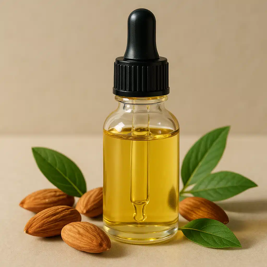 Close-up of a clear glass dropper bottle with golden oil, surrounded by natural almond kernels and fresh green leaves on a neutral background, soft natural lighting, beauty and wellness aesthetic