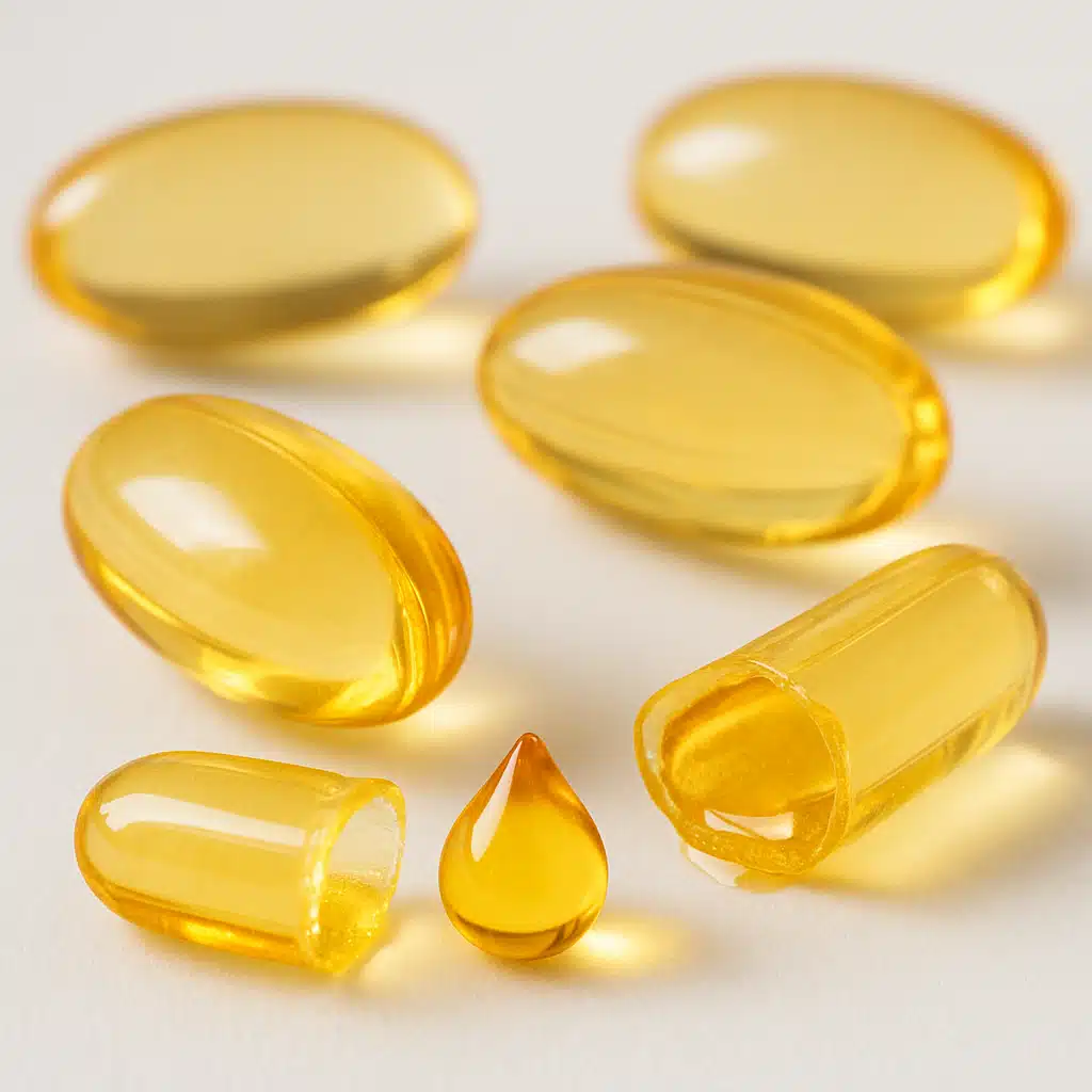 Vitamin E capsules with golden oil droplet, some capsules cut open, white clinical background, nutritional supplement concept, macro detail photography