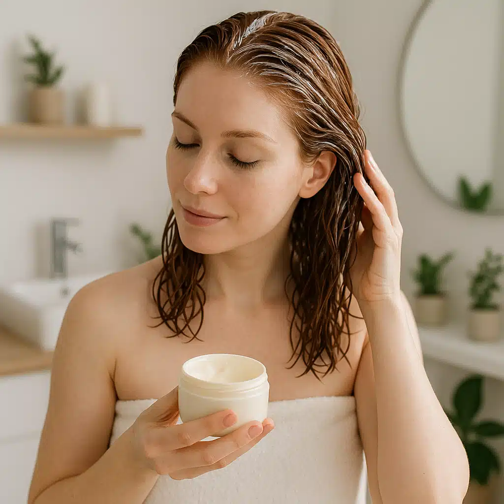 Woman applying a nourishing hair mask to damp colored hair in a clean modern bathroom, peaceful self-care atmosphere, soft natural lighting