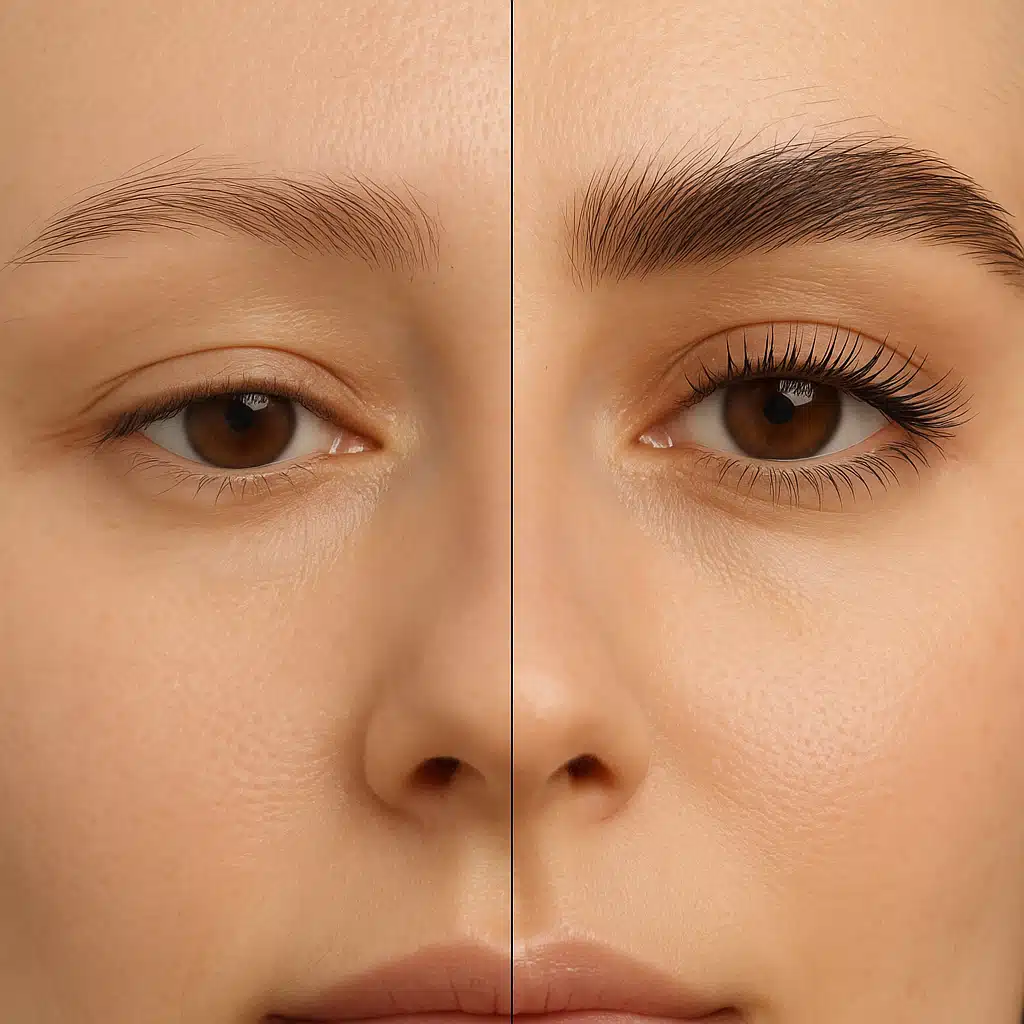 Split-screen visual showing before and after comparison of eyebrows and eyelashes, one side showing sparse hair and the other side showing fuller, healthier growth, clean beauty photography style