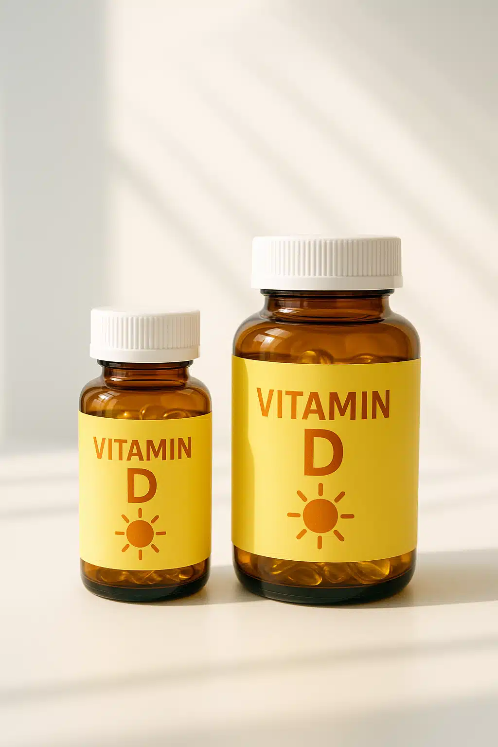 Vitamin D supplement bottles with sunshine symbol, bright and optimistic presentation, health and wellness concept, clean white background with natural light