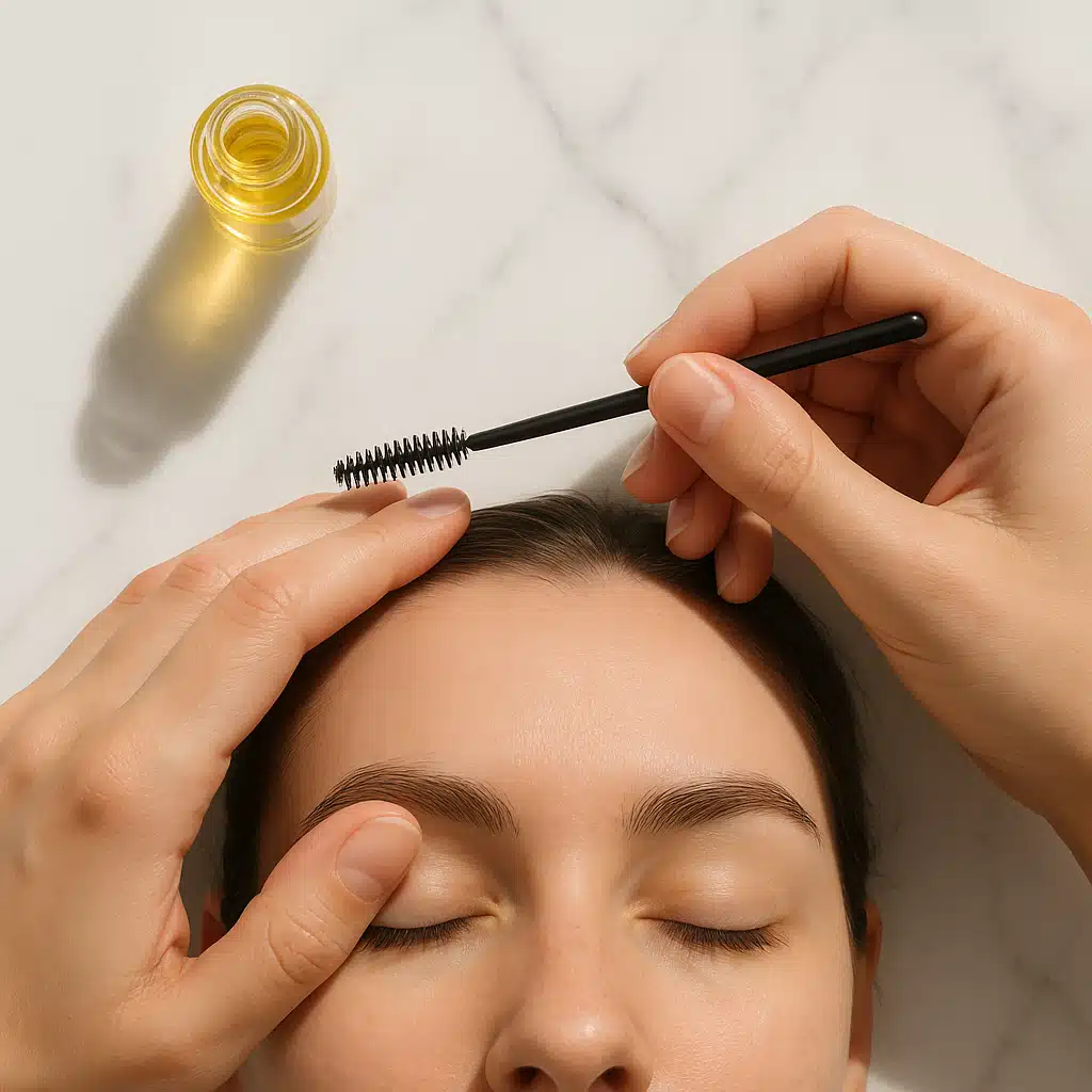 Overhead view of hands applying oil to eyebrows using a clean spoolie brush, with a small glass bottle of golden oil on a white marble surface, natural daylight, clean and instructional aesthetic