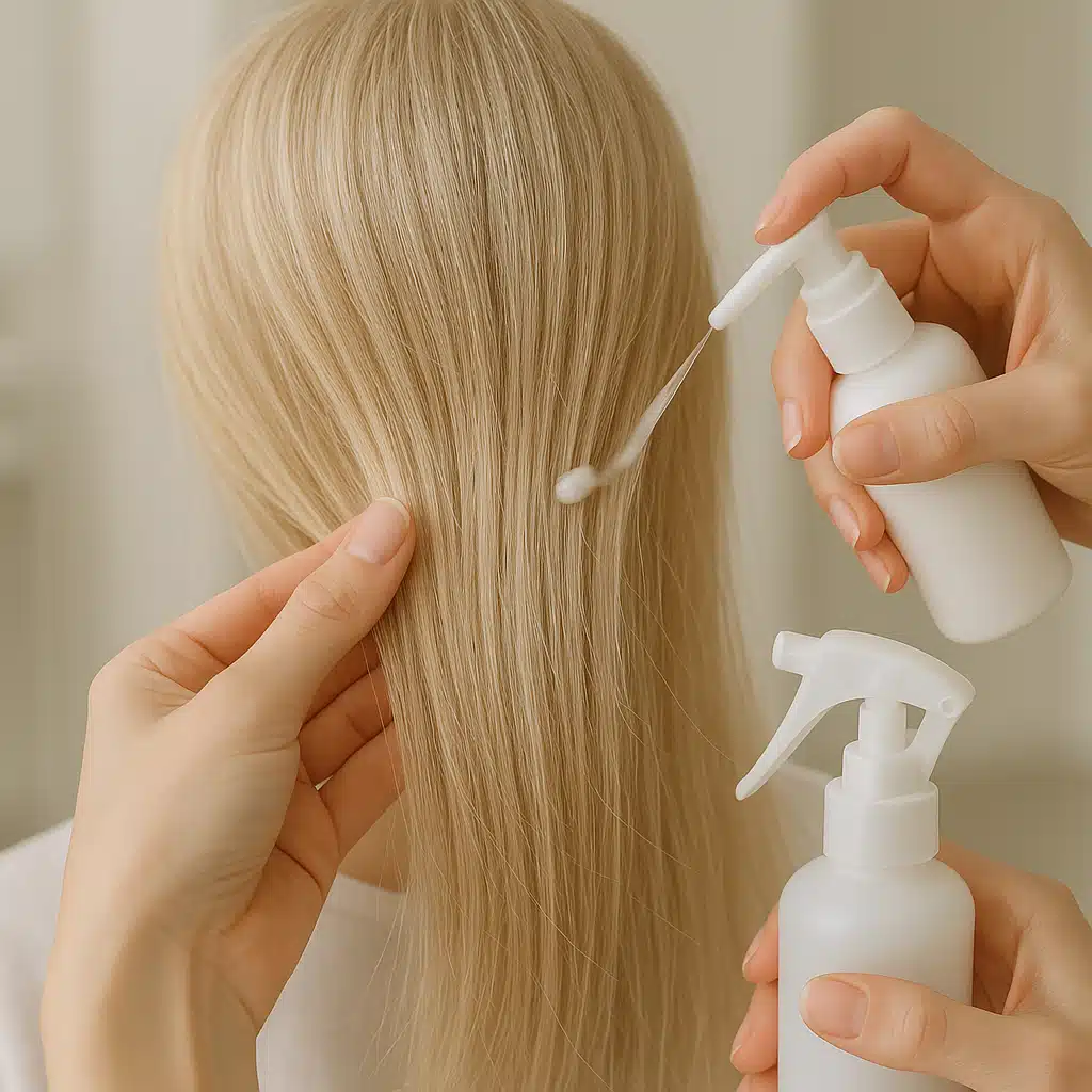 Delicate fine hair being gently treated with specialized hair care products, soft focus on hair texture, clean professional setting with neutral tones