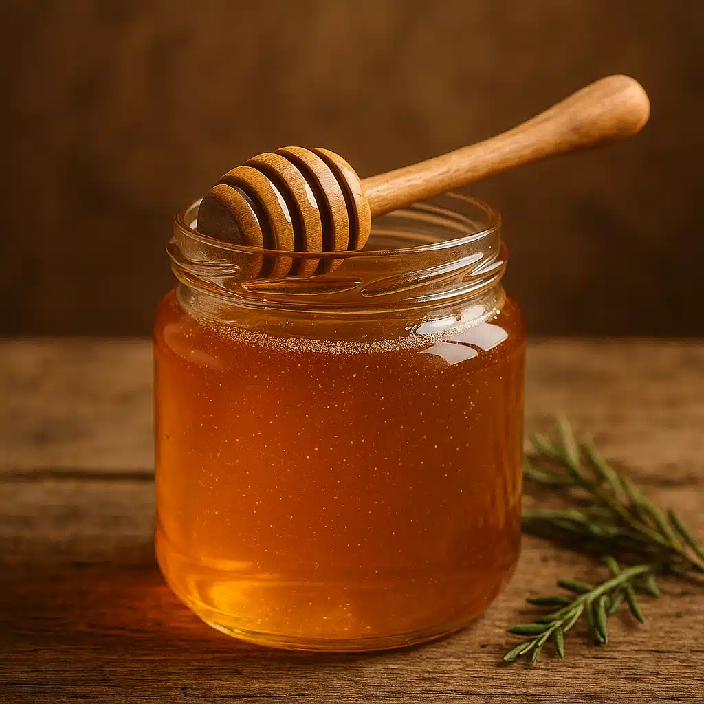 Jar of golden raw honey with wooden dipper, natural and organic presentation, warm amber tones, natural healing concept, rustic aesthetic