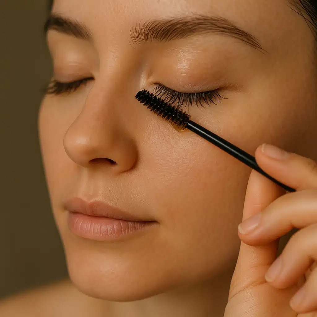 Close-up of a person carefully applying oil to eyelashes using a clean mascara wand, eyes closed, soft lighting highlighting lashes, beauty care and self-care concept