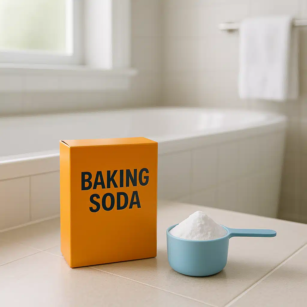 Box of baking soda with measuring scoop next to a bathtub, clean bathroom setting, household remedy concept, fresh and clean aesthetic, natural lighting