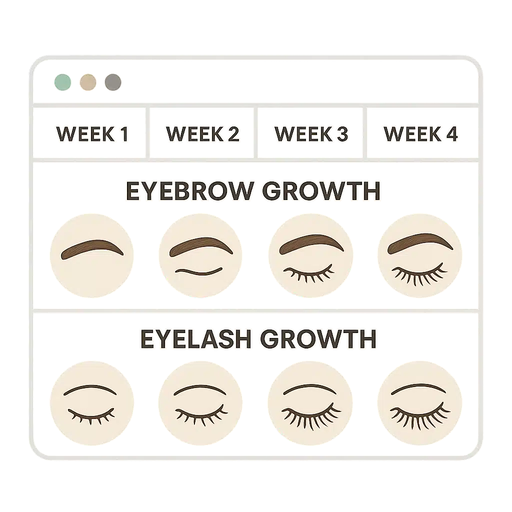 Calendar or timeline graphic with icons representing weekly progress of eyebrow and eyelash growth, clean infographic style, modern and educational design