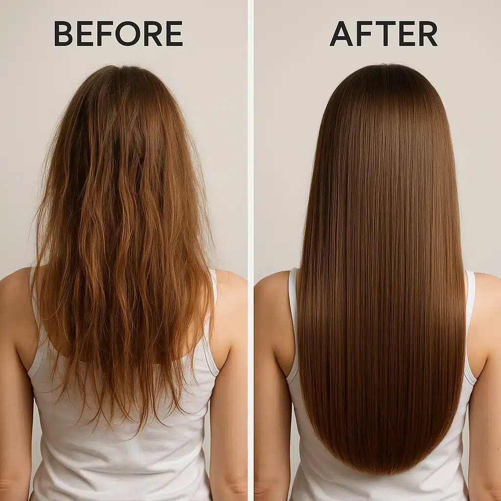 Before and after comparison of hair health showing natural recovery period, healthy hair restoration concept, professional photography with clear detail