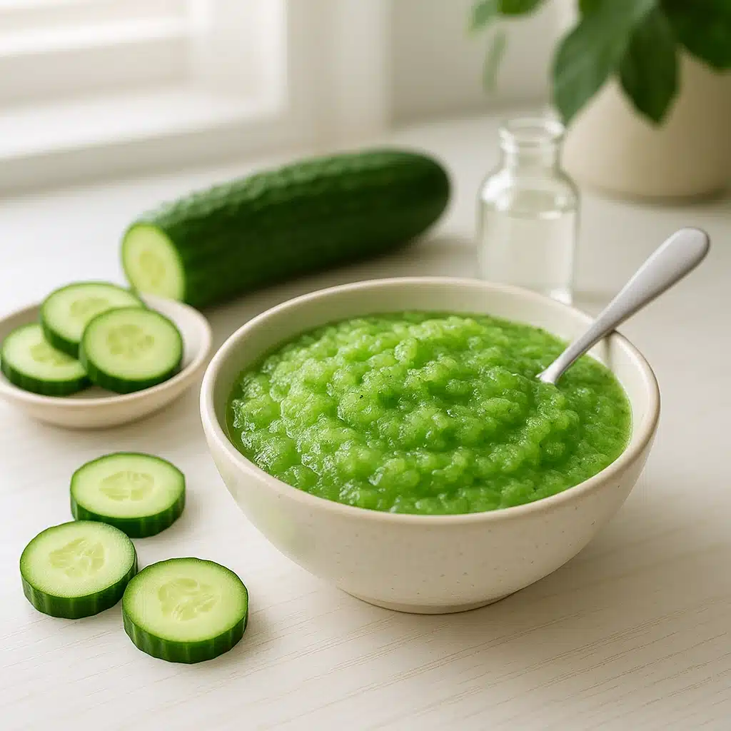Fresh cucumbers sliced and blended into a green paste in a bowl, natural skincare preparation, cooling and refreshing aesthetic, bright kitchen setting