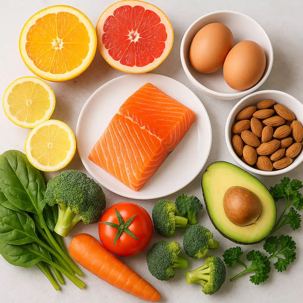 Colorful array of healthy foods rich in vitamins for hair health including citrus fruits, salmon, eggs, and vegetables, clean food photography, bright and appealing presentation