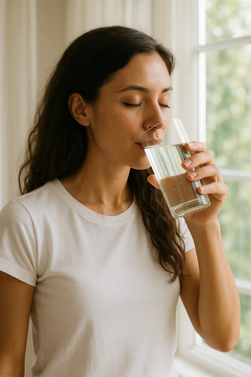 Person drinking water from a glass, hydration concept, healthy lifestyle, bright natural window light, wellness and self-care aesthetic