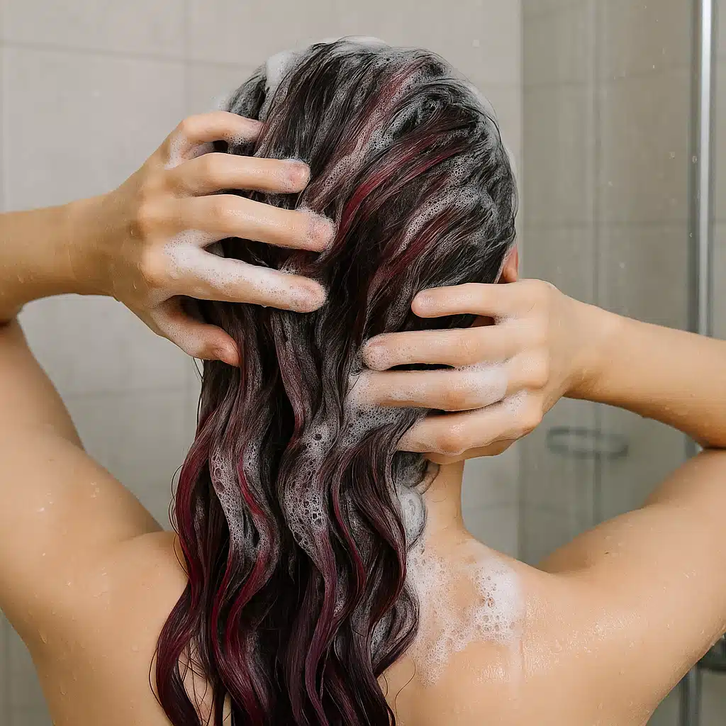 Hands gently washing colored hair with sulfate-free shampoo in shower, focus on gentle technique, clean modern bathroom environment, water droplets and foam texture