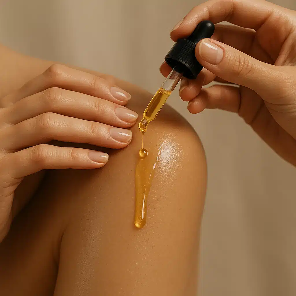 Hands applying golden oil to smooth hydrated skin, close-up beauty shot, soft diffused lighting, luxurious skincare routine atmosphere