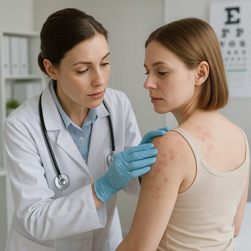 Medical professional examining patient's skin condition, clinical setting, healthcare and dermatology concept, professional and reassuring atmosphere