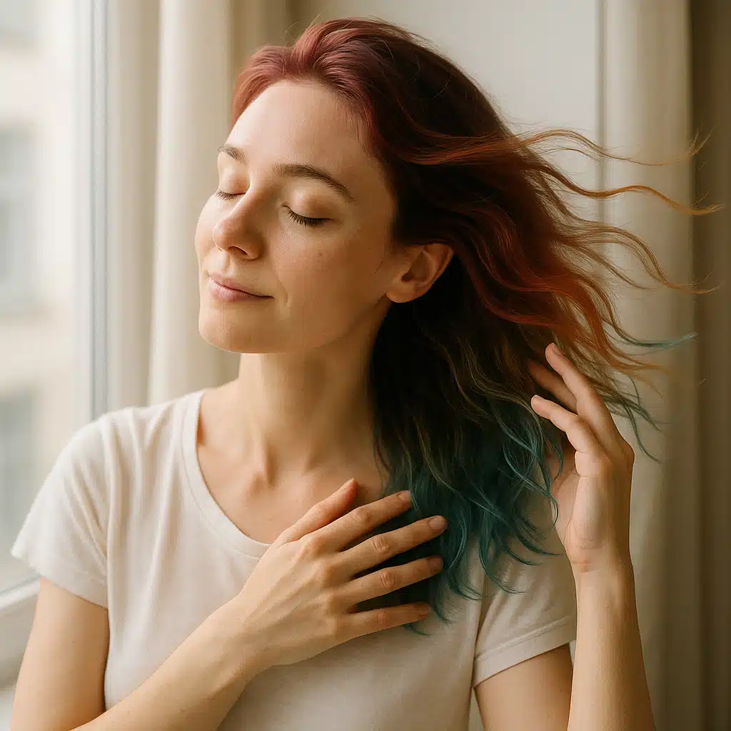 Woman gently air-drying colored hair with natural airflow, peaceful morning routine, soft window lighting, healthy hair care practice