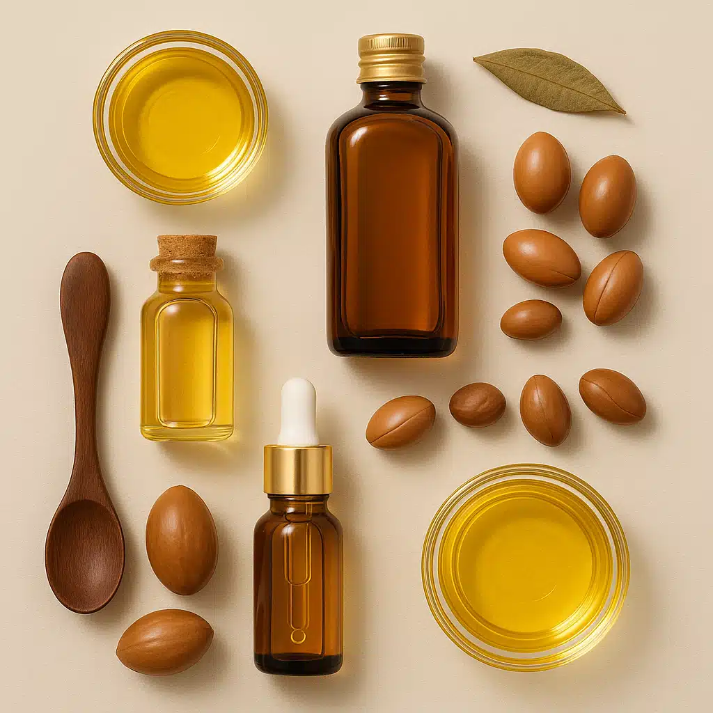 Flat lay of various argan oil application methods, bottles, droppers, bowls, and natural materials arranged aesthetically, top-down view, clean and organized beauty routine concept