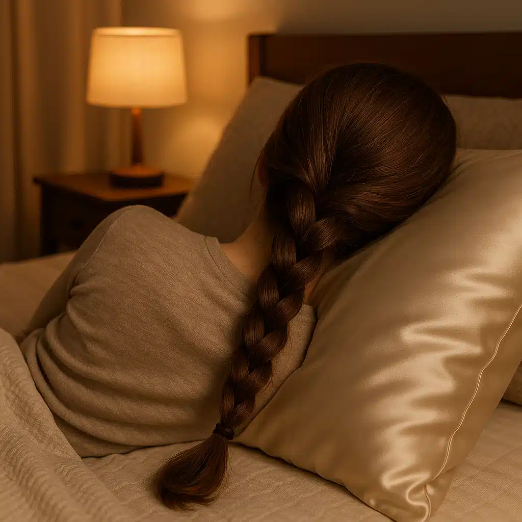 Silk pillowcase and loose hair braid for nighttime hair protection, bedroom setting with soft evening lighting, hair care routine concept