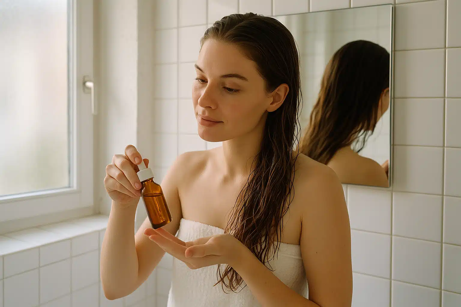 Woman applying oil to damp hair in bathroom mirror, natural morning light, fresh and clean beauty routine moment, relaxed and authentic atmosphere