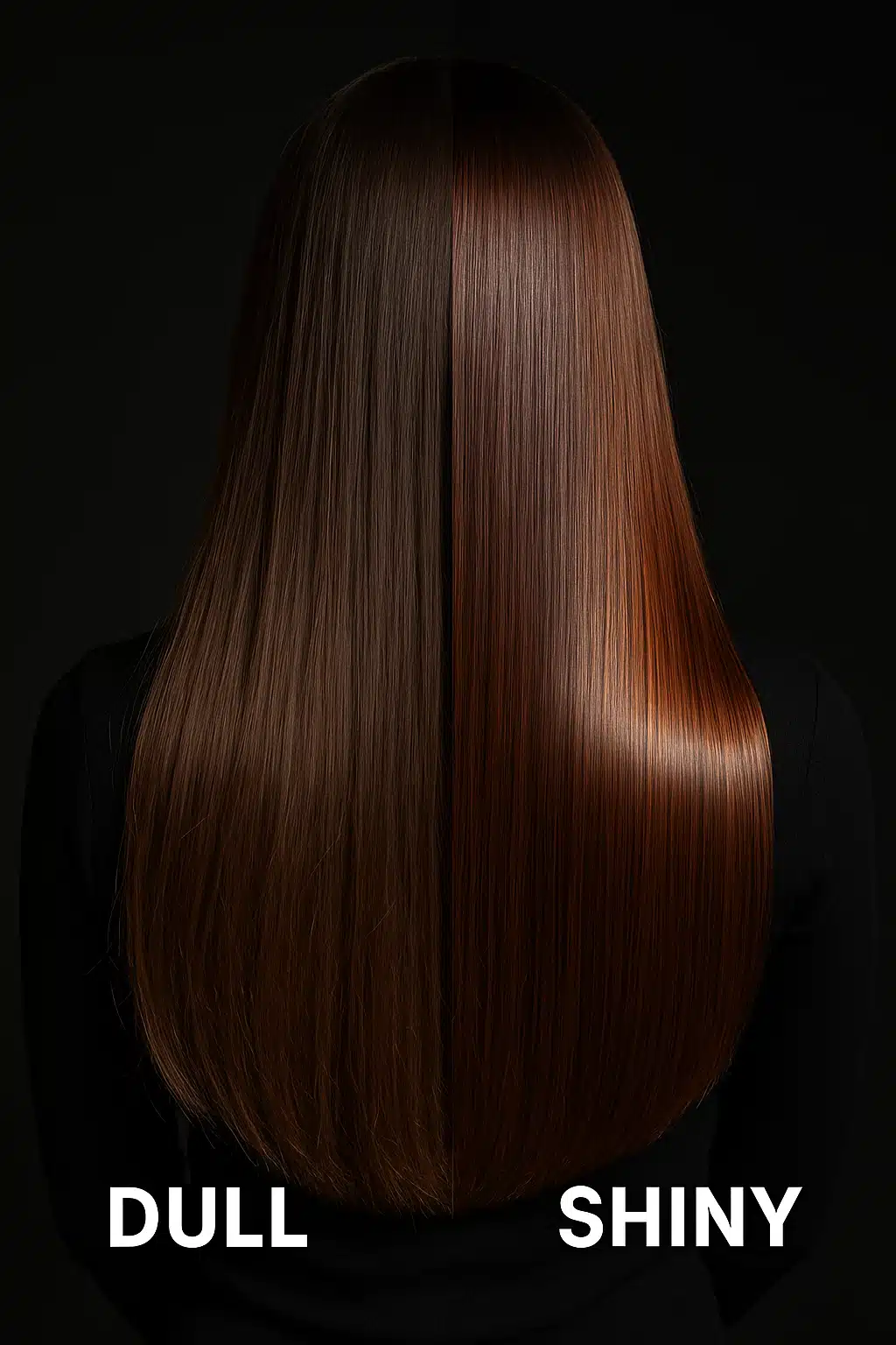 Comparison of dull versus shiny colored hair showing the difference proper care makes, professional hair photography, dramatic lighting highlighting shine and reflection