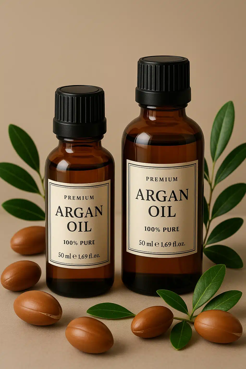 Premium argan oil bottles in amber glass with elegant labels, arranged with fresh argan nuts and green leaves, luxury product photography style, clean and sophisticated presentation