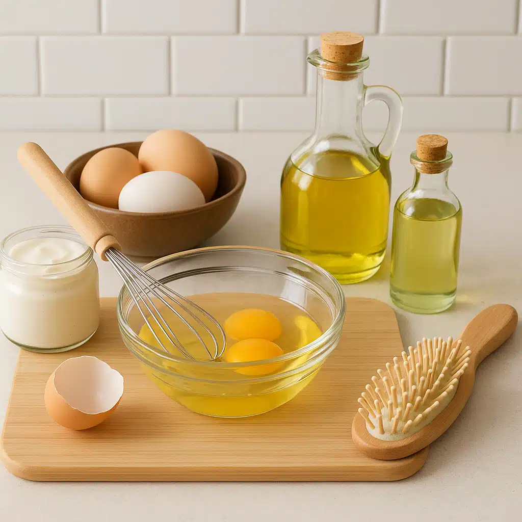 Natural ingredients for homemade protein hair mask including eggs and natural oils, clean kitchen setting, ingredient preparation for hair treatment