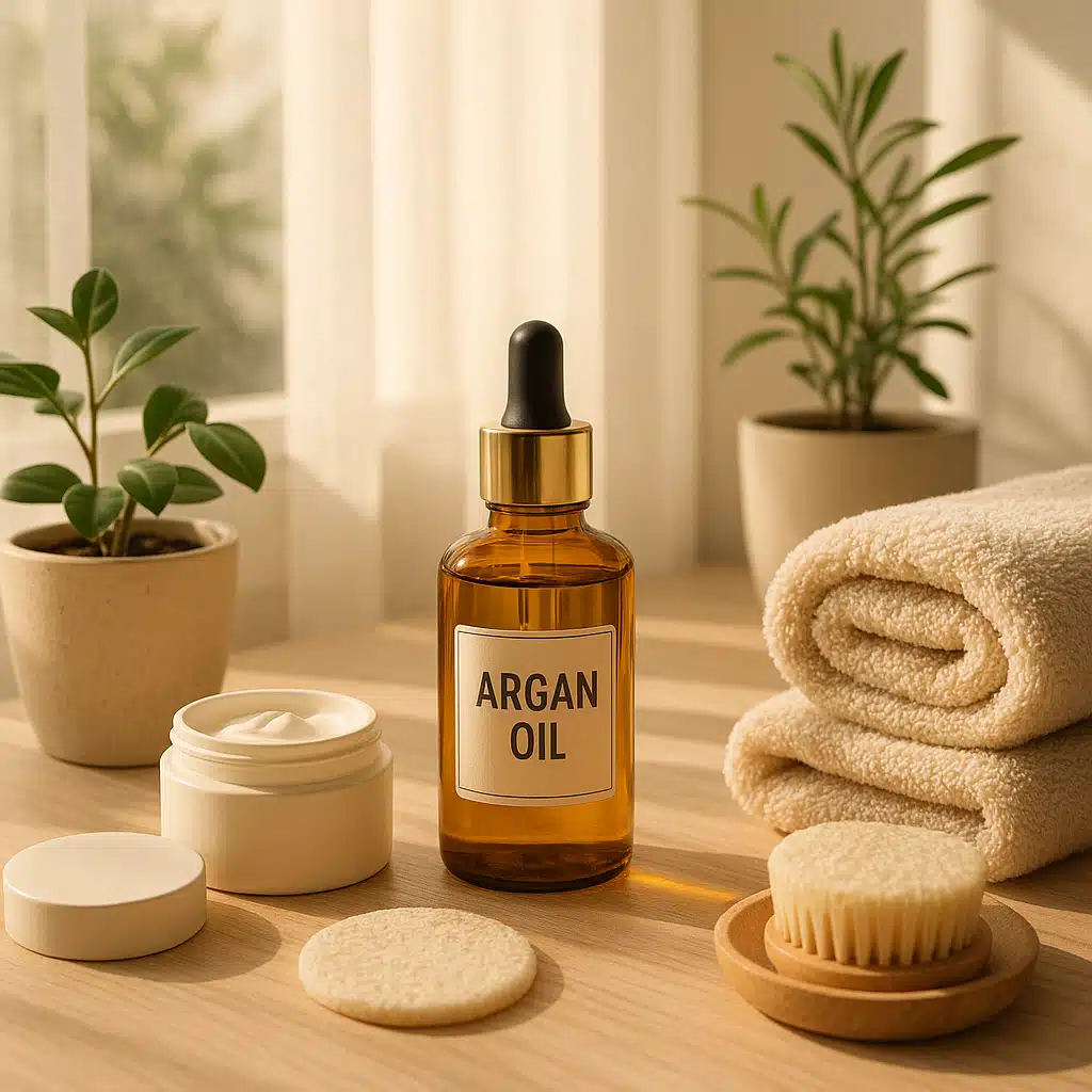 Organized beauty routine setup with argan oil bottle, natural skincare products, towels, and plants, morning light streaming through window, peaceful self-care atmosphere
