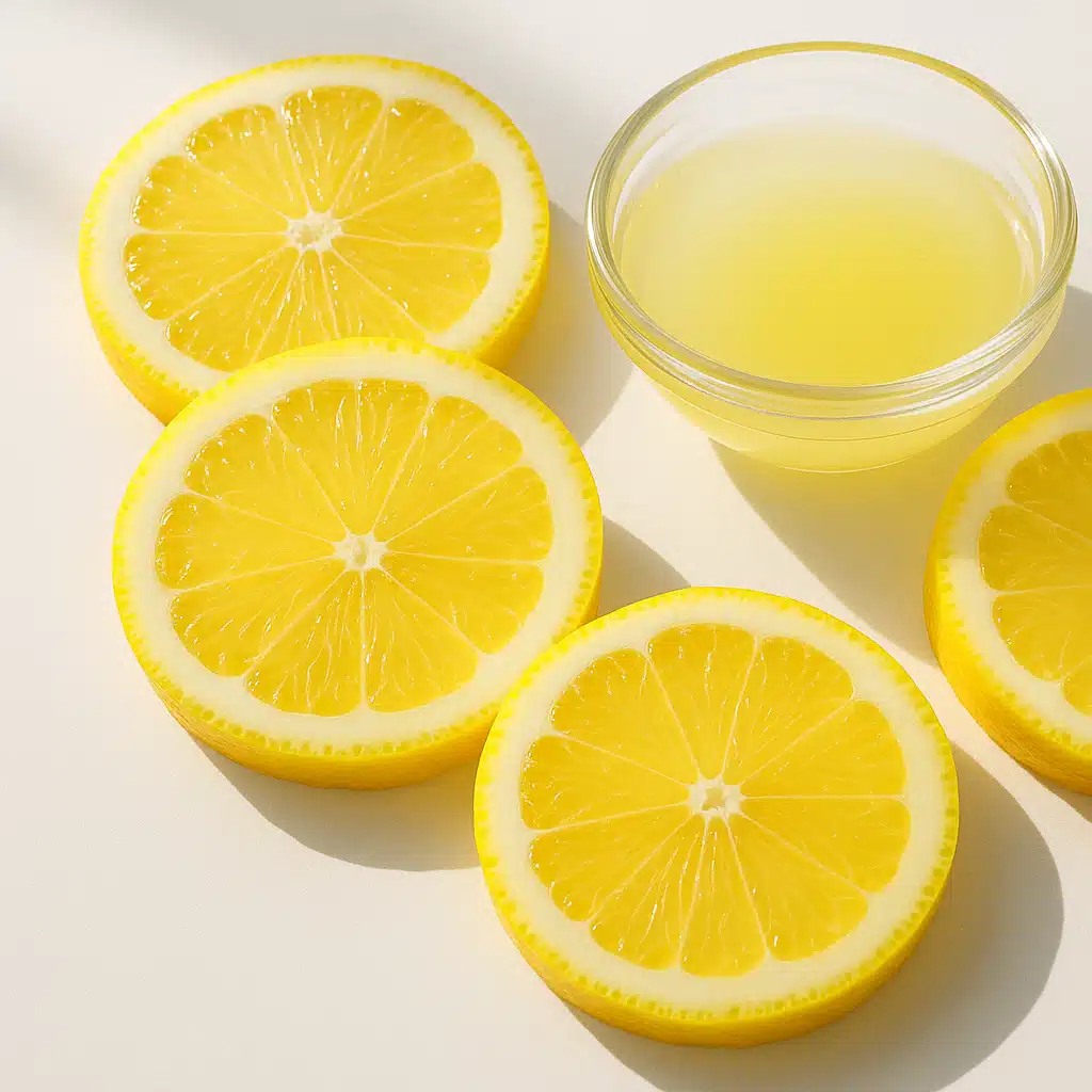 Close-up of fresh lemon slices and a small glass bowl of lemon juice on a clean white surface with natural lighting, emphasizing freshness and natural skincare ingredients