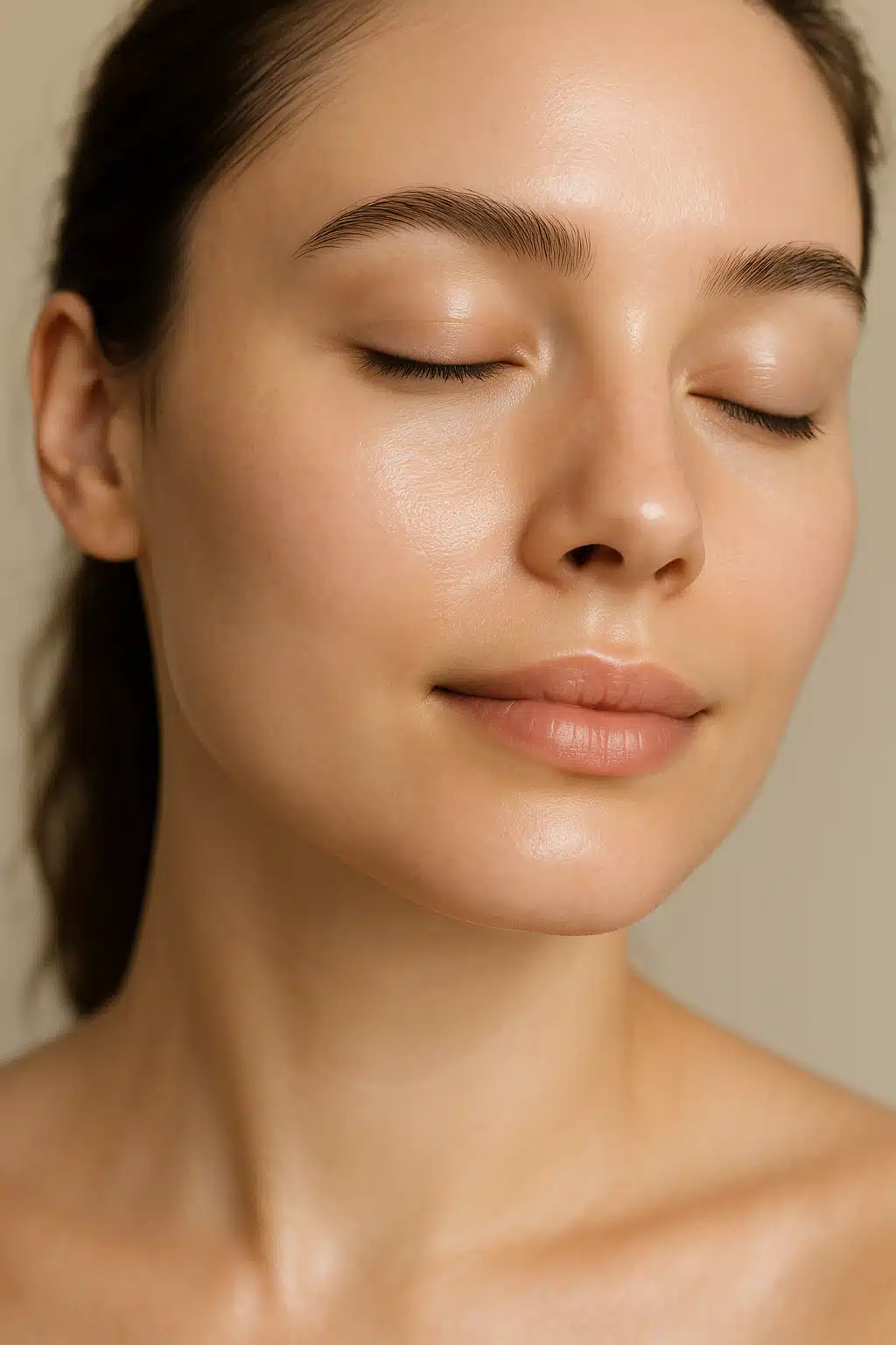 Close-up of a woman's face showing smooth, well-cared-for skin with natural lighting, soft focus, healthy glow, professional skincare concept