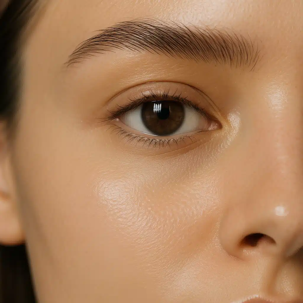 Close-up of a person's eye area showing smooth, healthy skin, natural lighting, beauty and skincare concept, professional photography style