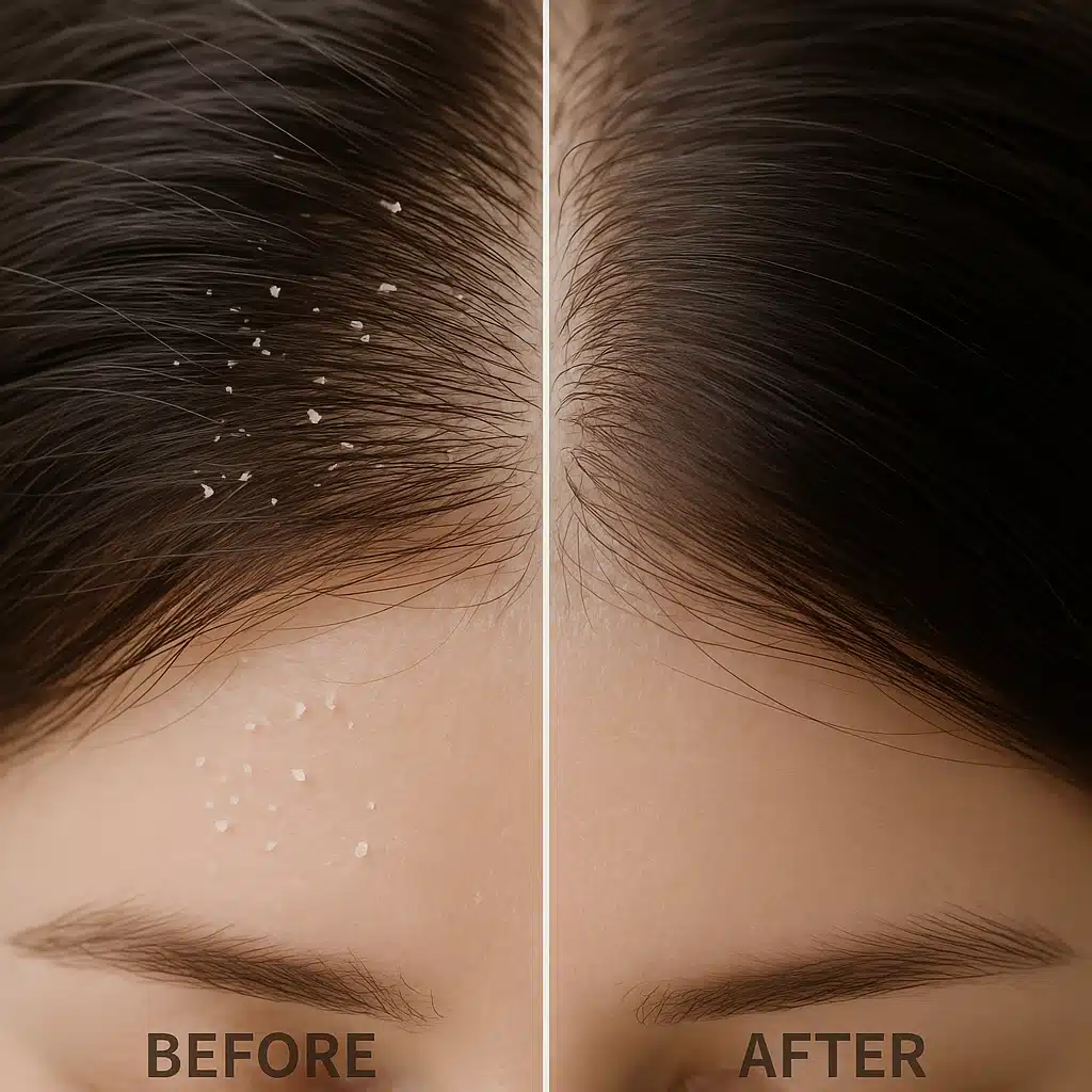 Close-up view of a healthy scalp with clean hair, showing before and after comparison of dandruff treatment, professional healthcare photography style with soft natural lighting
