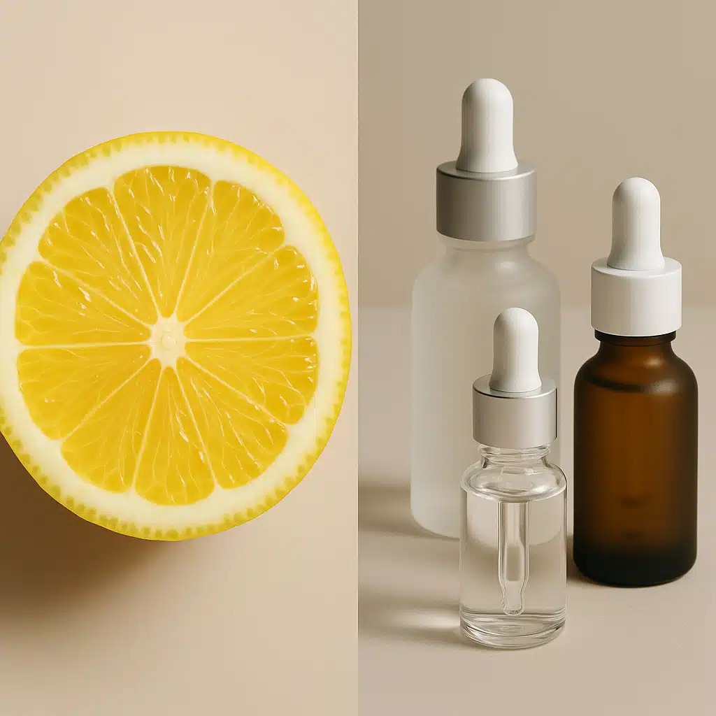 Split image showing a fresh lemon half on one side and professional skincare serum bottles with droppers on the other side, modern minimalist aesthetic, soft professional lighting