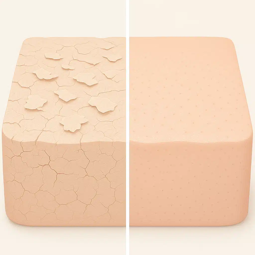 Split comparison image showing dry flaky skin on one side and hydrated smooth skin on the other, educational skincare illustration, clean and clinical style