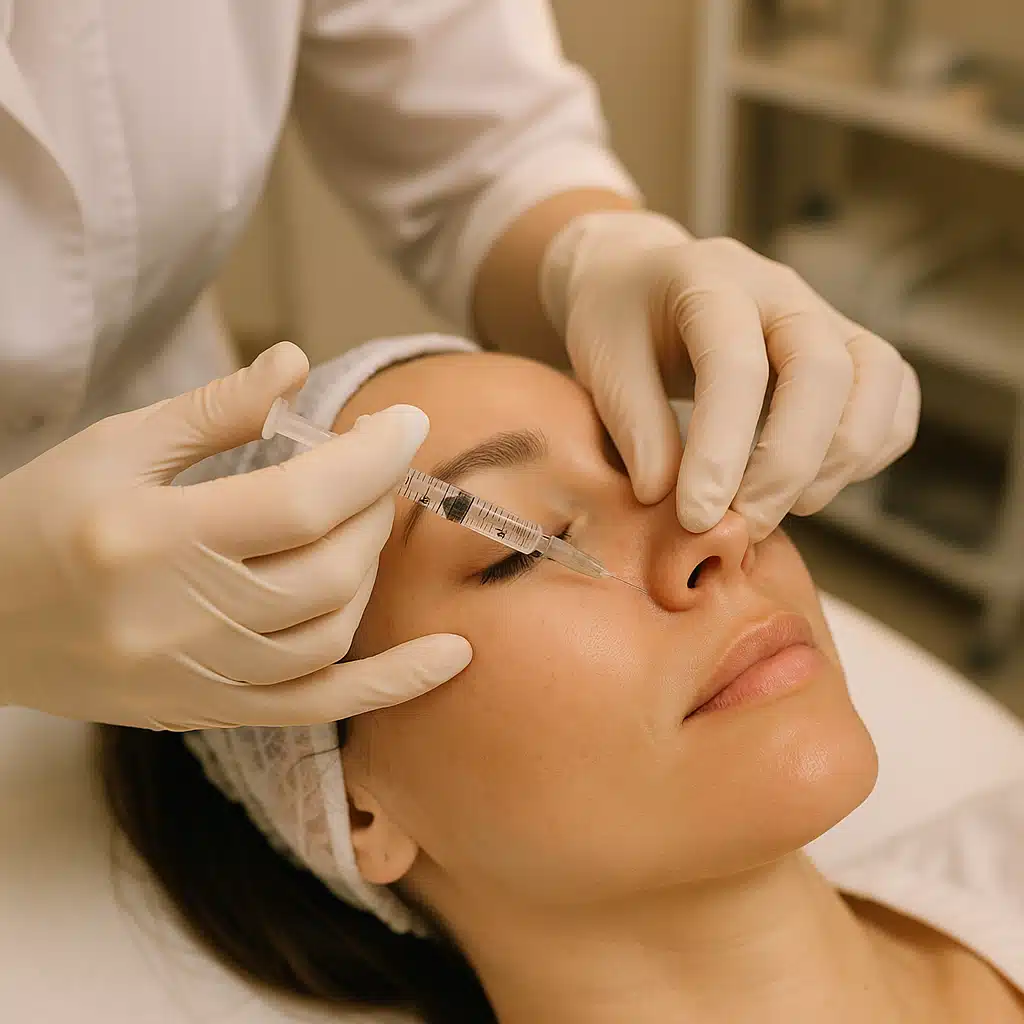 Close-up of a person receiving a cosmetic injection treatment on their face, clinical setting with soft lighting, professional aesthetic medicine environment, focus on precision and care