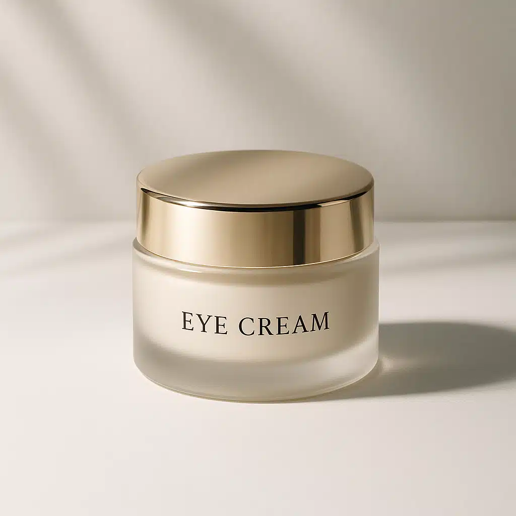 Luxury eye cream jar on a clean white surface with soft shadows, minimalist product photography, spa-like atmosphere, professional cosmetic presentation