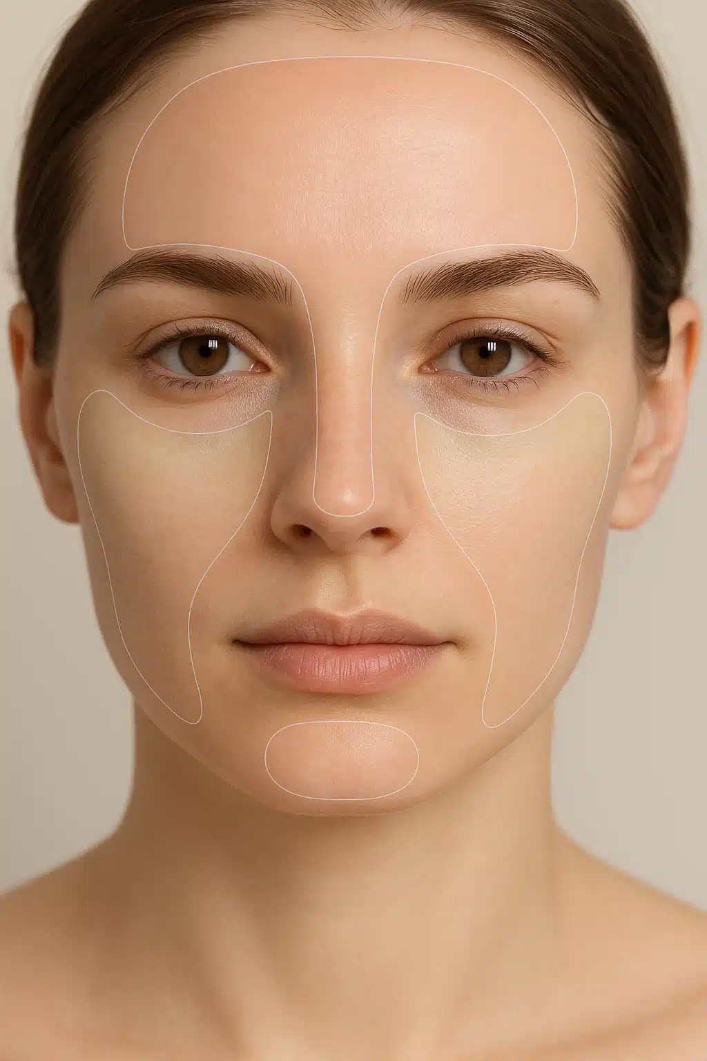 Close-up of clear skin with subtle facial zones highlighted, soft natural lighting, educational and clinical aesthetic, neutral background