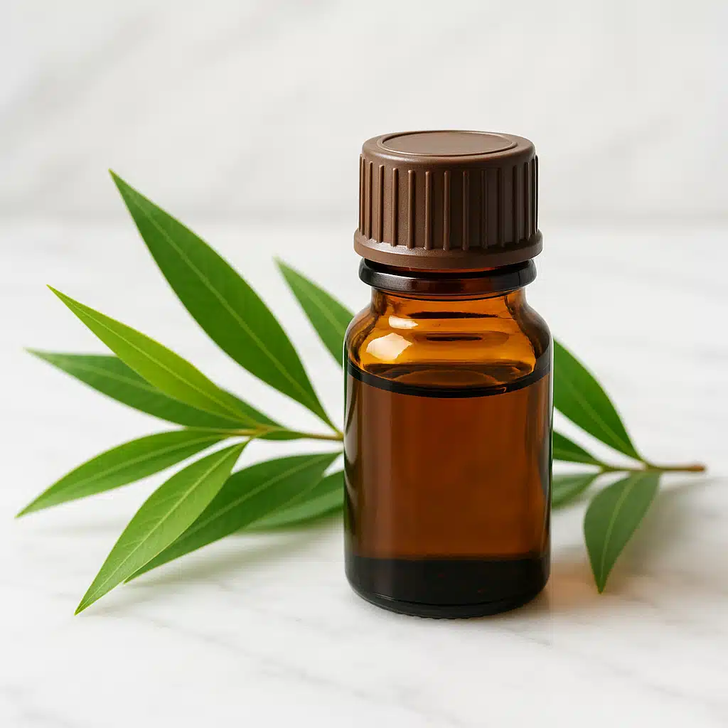 Small amber glass bottle of tea tree essential oil with fresh tea tree leaves beside it on a white marble surface, clean product photography with natural daylight