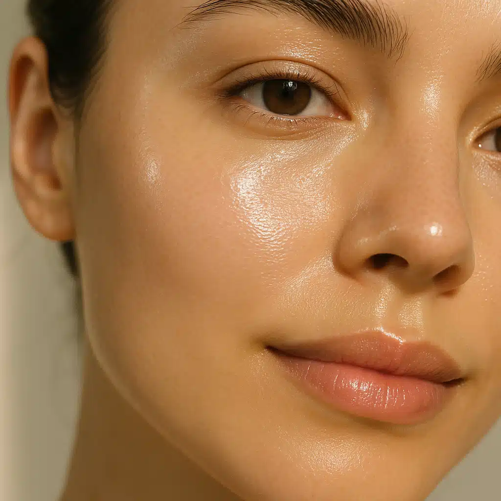 Close-up of healthy glowing facial skin with soft natural light, showing smooth texture and radiance, suitable for seasonal skincare concept