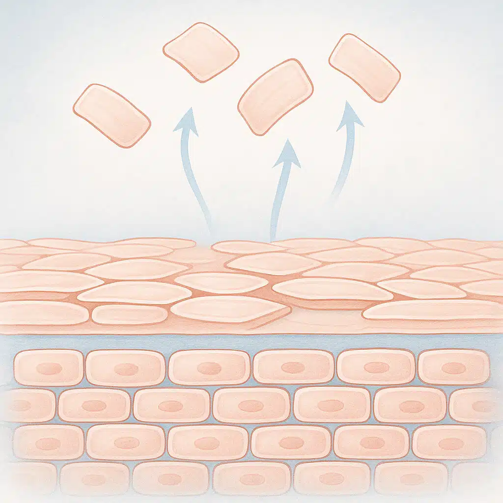Microscopic view illustration of skin cells showing the exfoliation process, scientific and educational style, clean background with soft blue and white tones