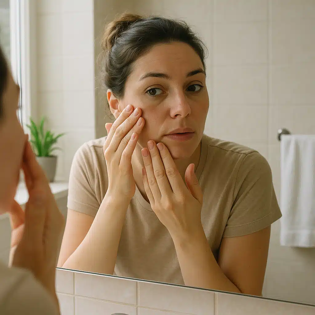 Woman examining her face in a mirror with natural daylight, clean bathroom setting, self-care and skincare routine concept, realistic and relatable