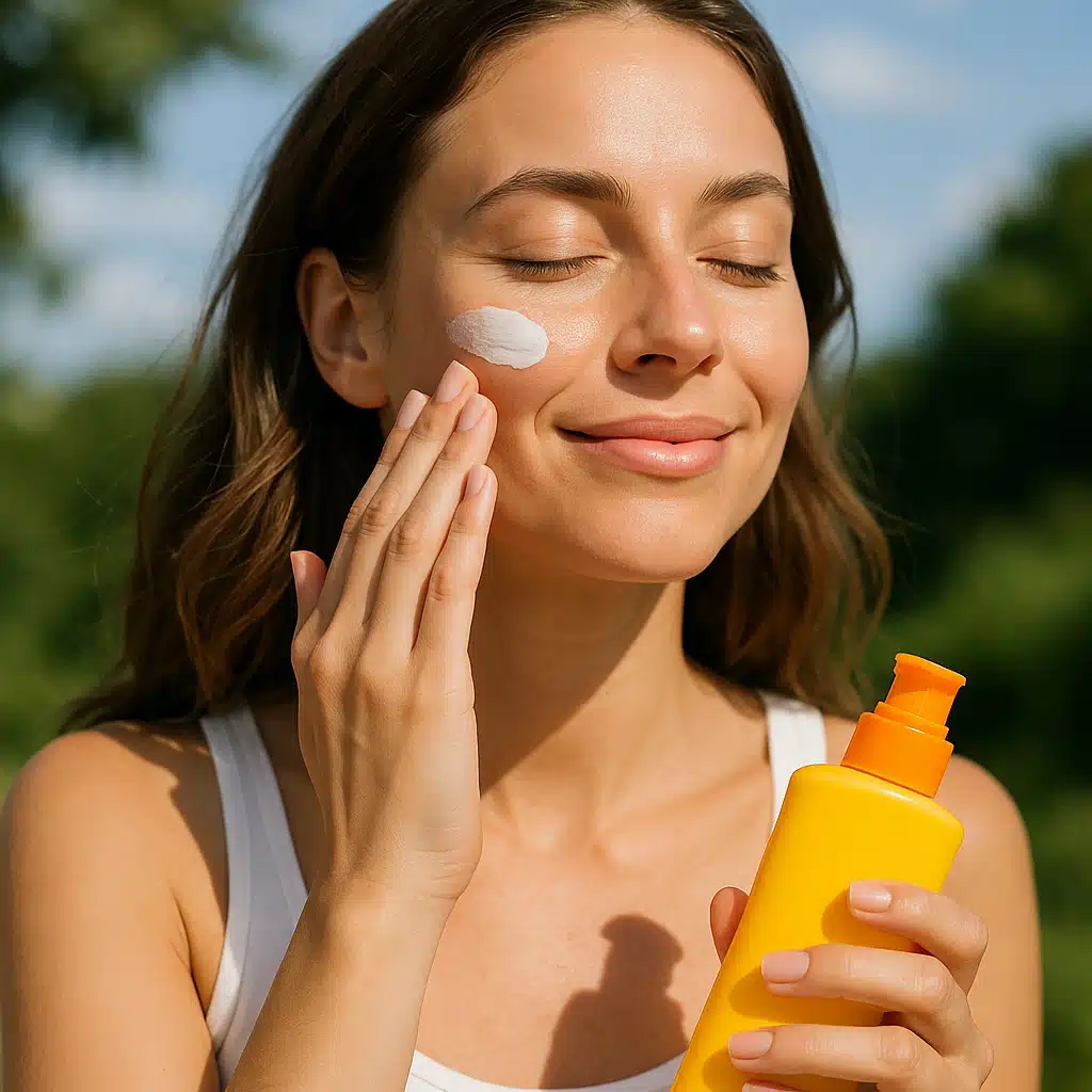 Woman applying sunscreen to her face outdoors, bright natural daylight, sun protection skincare routine, healthy skin care habits, modern lifestyle photography