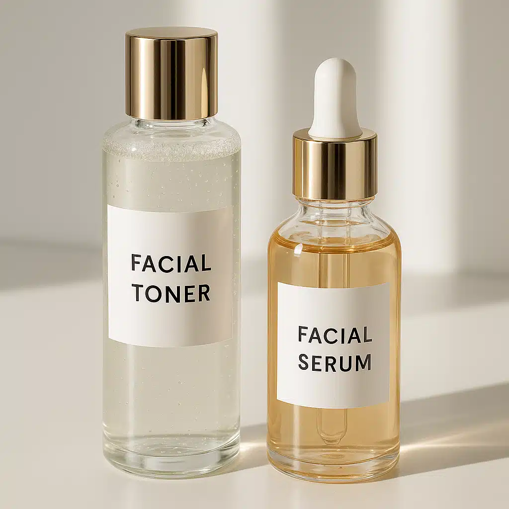 Close-up of elegant glass bottles of facial toner and serum on a clean white surface with natural lighting, modern skincare products displayed professionally