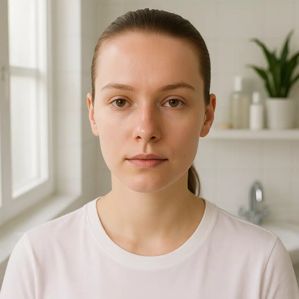 Person with hair pulled back showing clean hairline and forehead, neutral expression, bright bathroom setting, skincare focus