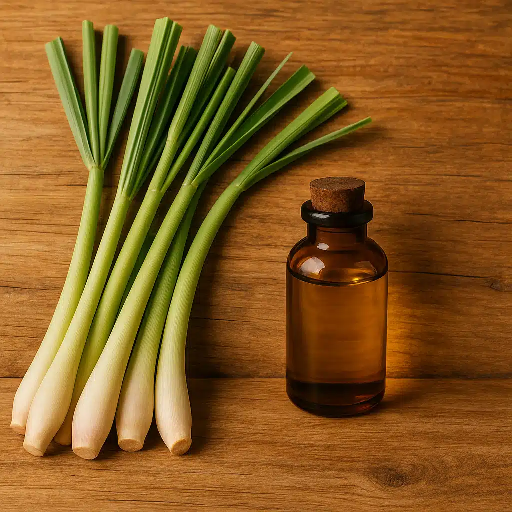 Fresh lemongrass stalks with essential oil bottle on a natural wooden background, botanical and organic aesthetic, warm and inviting lighting