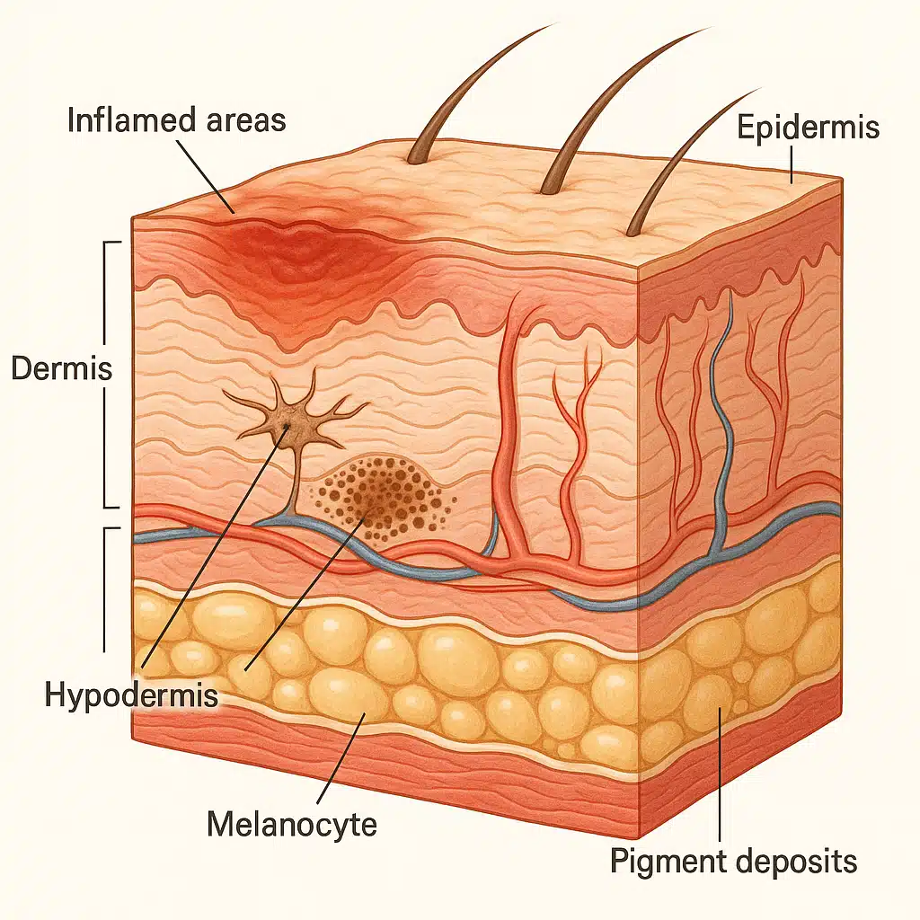 Detailed illustration of skin layers showing inflammation and pigmentation, medical-style diagram with clear labels, professional and educational tone