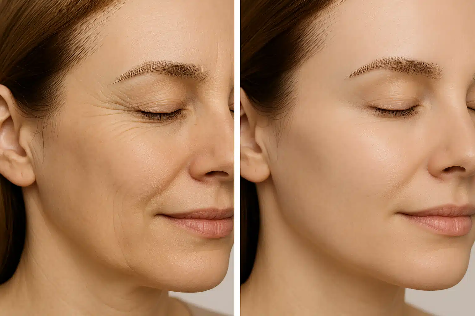 Before and after comparison showing reduction of fine lines around eyes, side-by-side professional skincare result photography, natural skin tones, clear detailed view