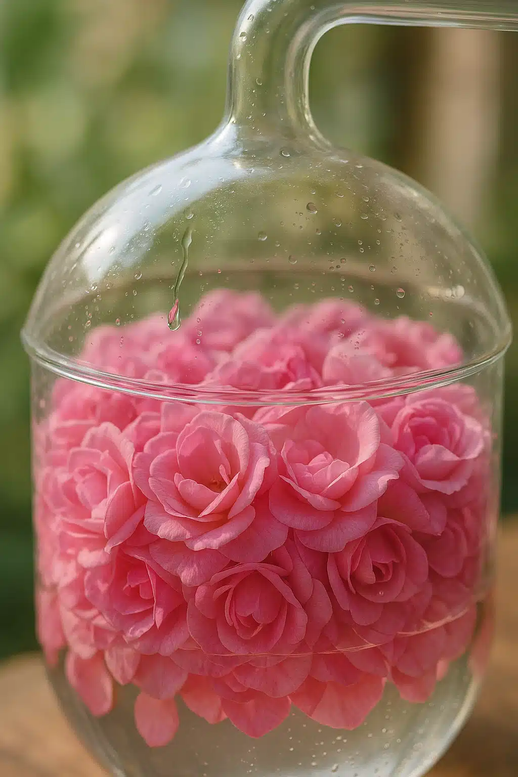 Close-up of fresh pink rose petals in a glass distillation vessel with drops of pure rose water, natural light, botanical and serene atmosphere