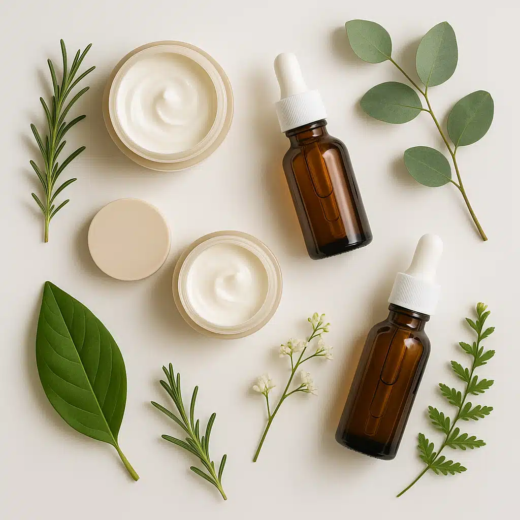 Overhead view of natural skincare products including cream jars, serum bottles, and botanical ingredients on a clean white surface, minimalist and elegant aesthetic