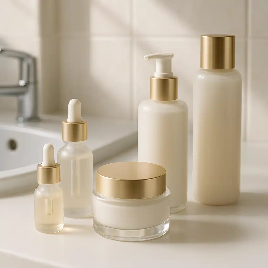 Elegant skincare products arranged on a clean bathroom counter, serum bottles, moisturizer jars, and cleansers, soft natural lighting, luxury skincare routine concept, minimalist aesthetic